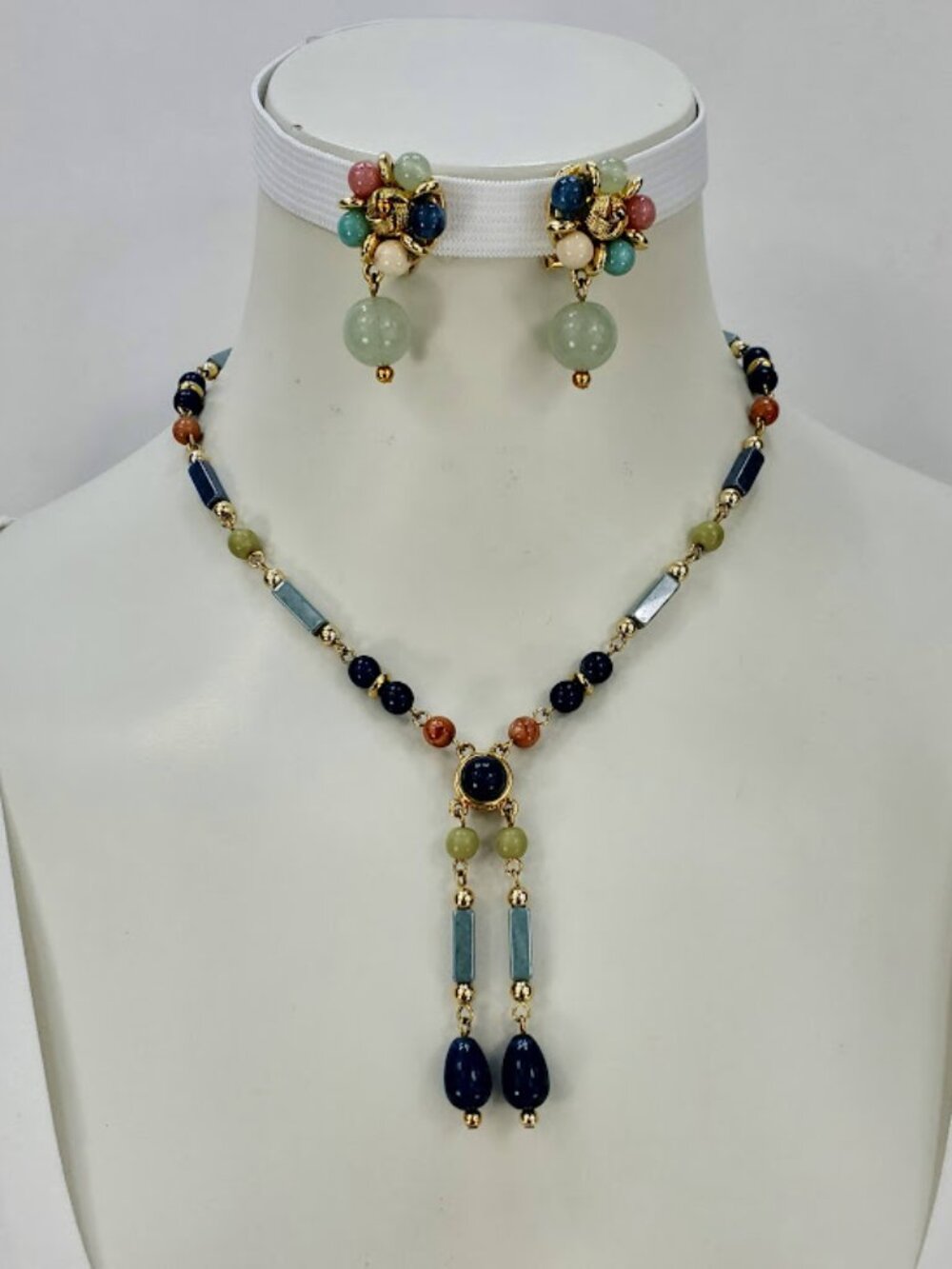 LC Multicolor Beaded Necklace and Clip Earrings Set 80s 90s Vintage